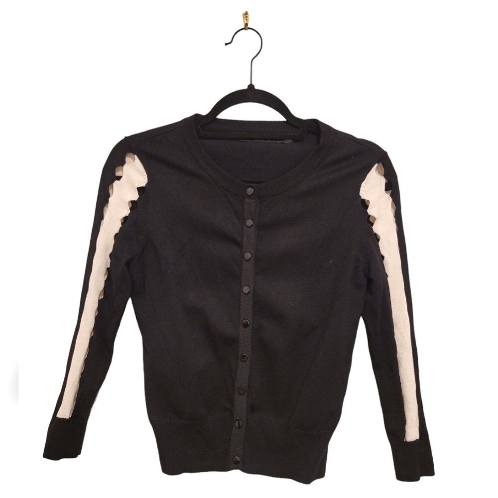 Karen Millen Black White Cropped Snap Down Cardigan Sweater Jacket S Designer